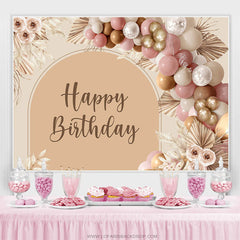 Lofaris Floral Balloon Light Brown Boho Happy Birthday Backdrop