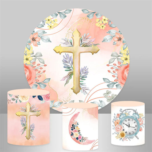 Lofaris Floral Cross Happy Baptism Round Backdrop Kit