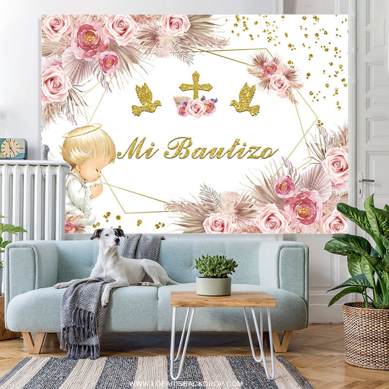 Lofaris Floral Dove Cross Mi Bautizo Party Sweet Backdrop