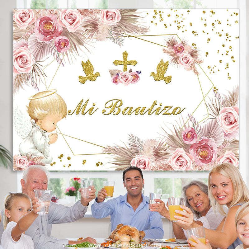 Lofaris Floral Dove Cross Mi Bautizo Party Sweet Backdrop