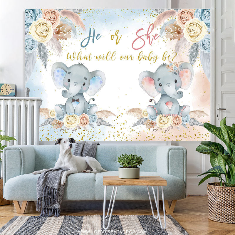 Lofaris Floral Elephant Gender Reveal Cute Party Backdrop
