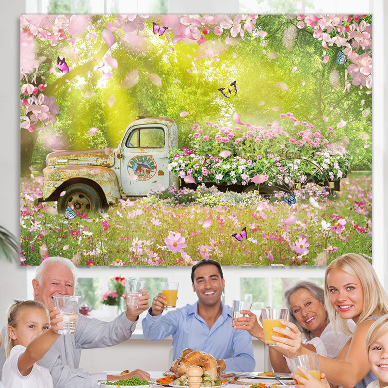 Lofaris Floral Garden And Truck With Butterfly Spring Backdrop
