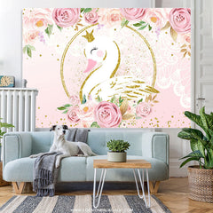 Lofaris Floral Glitter And Pink Swan Happy Birthday Backdrop