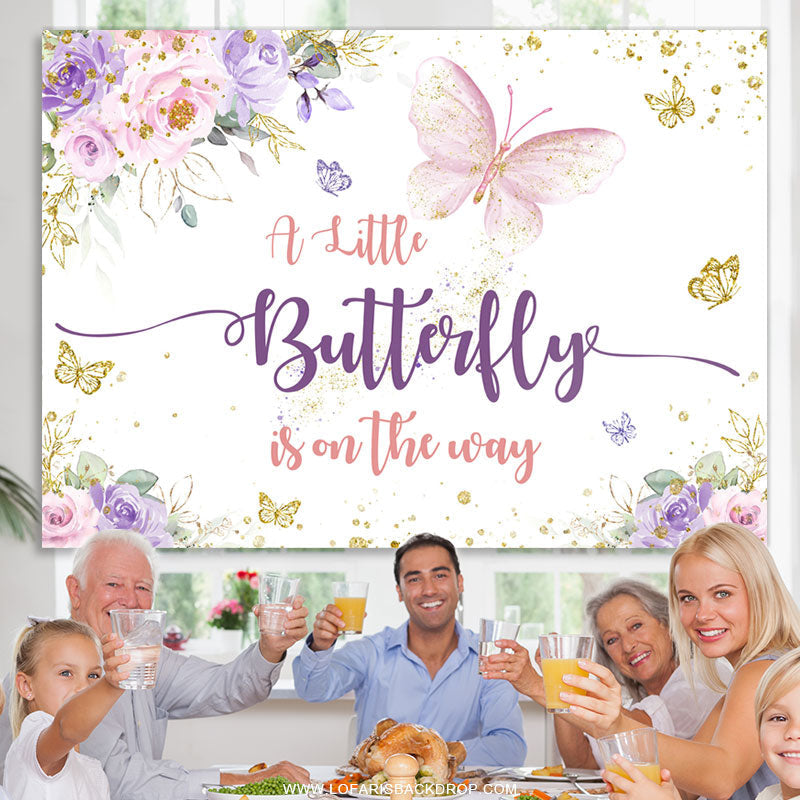Lofaris Floral Glitter Butterfly Girl Baby Shower Backdrop