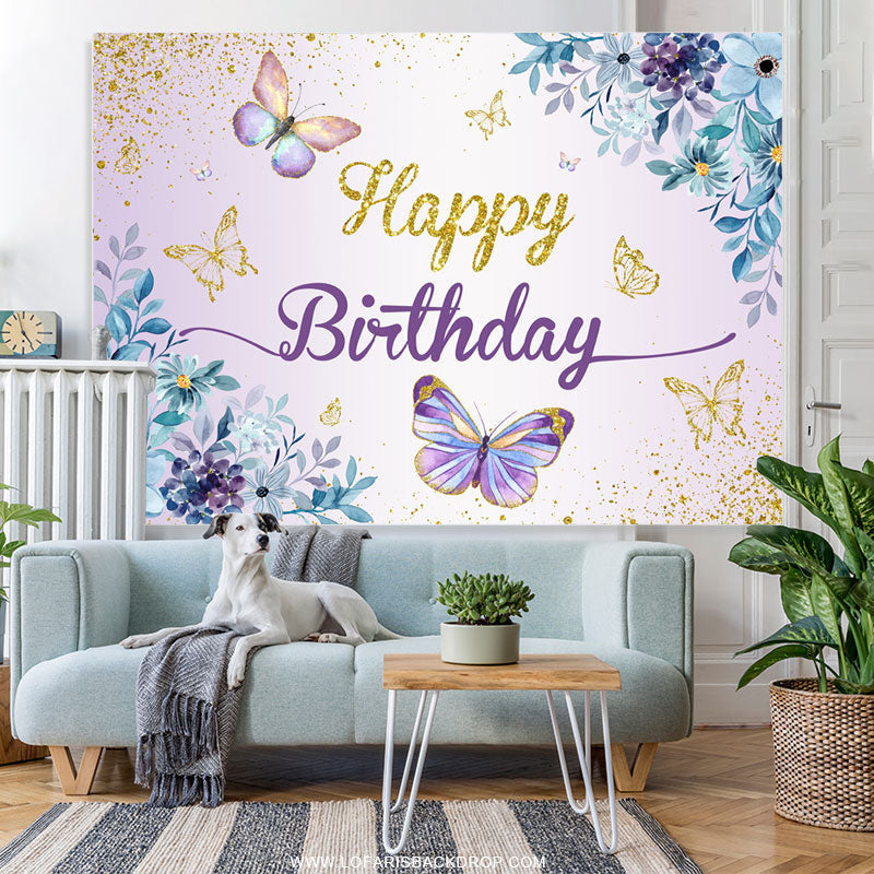 Lofaris Floral Glitter Butterfly Spring Birthday Backdrop