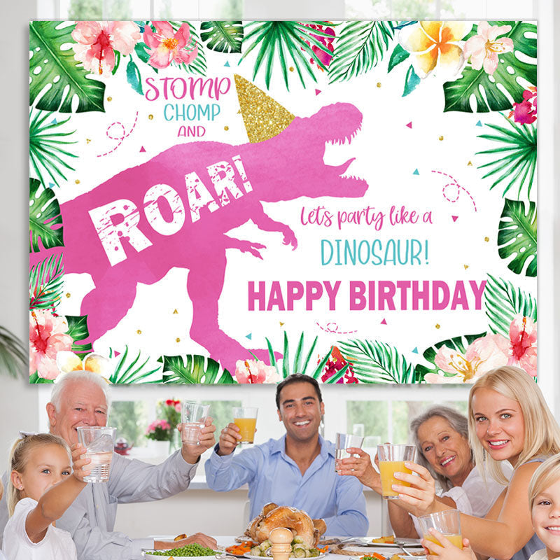 Lofaris Floral Glitter Dinosaur Theme Happy Birthday Backdrop