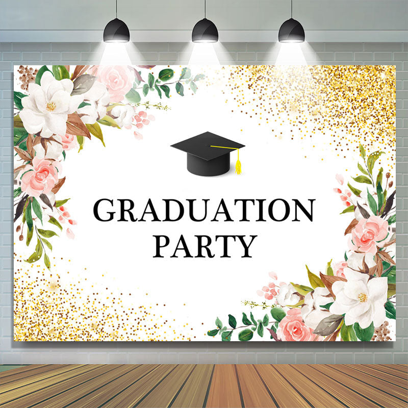 Lofaris Floral Gold Glitter Cap Graduation Party Backdrop