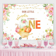 Lofaris Floral Gold Glitter Out Little Pumpkin Is Turning One Birthday Backdrop