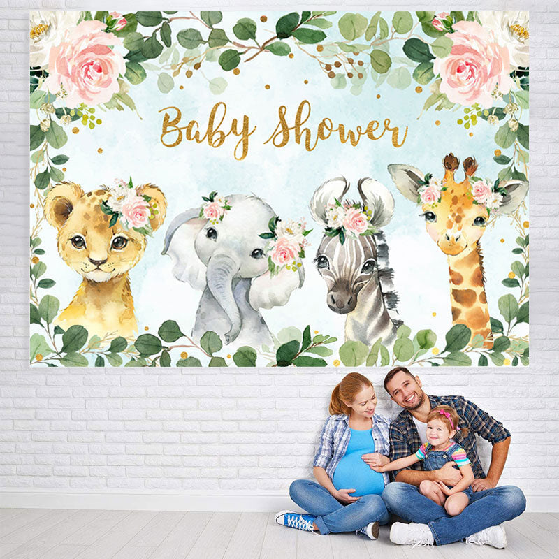 Lofaris Floral Green Leaves Animals Baby Shower Backdrop for Girls