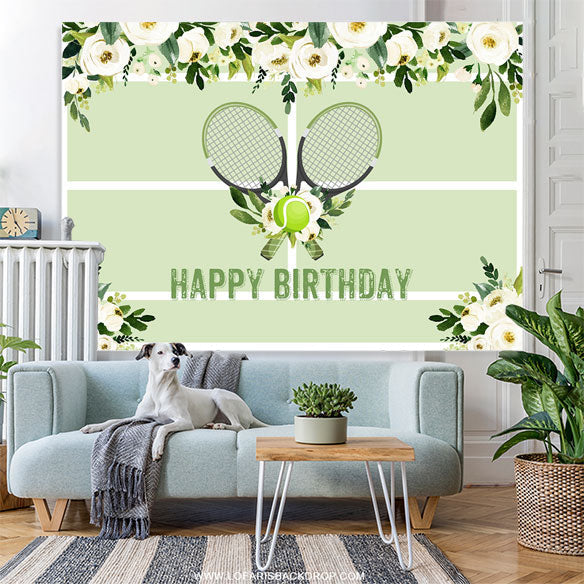 Lofaris Floral Lawn Tennis Ball Green Happy Birthday Backdrop