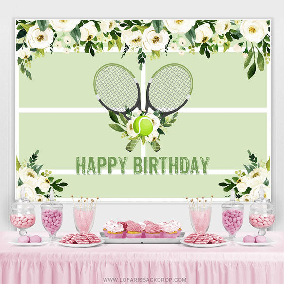 Lofaris Floral Lawn Tennis Ball Green Happy Birthday Backdrop