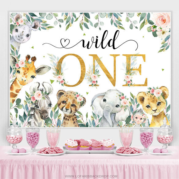 Lofaris Floral Leaf Wild Animals Happy 1st Birthday Backdrop