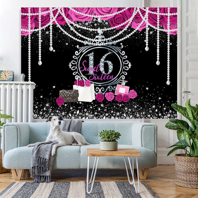 Lofaris Floral Pearls Sweet 16 Diamond Silver Glitter Birthday Backdrop
