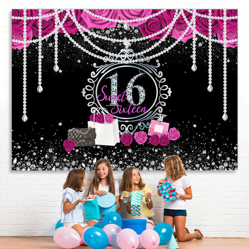 Lofaris Floral Pearls Sweet 16 Diamond Silver Glitter Birthday Backdrop