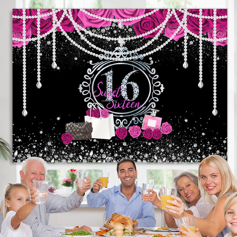 Lofaris Floral Pearls Sweet 16 Diamond Silver Glitter Birthday Backdrop