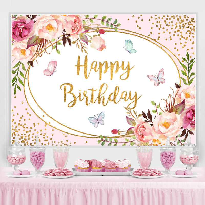 Lofaris Floral Pink and Golden Bots Happy Birthday Backdrop