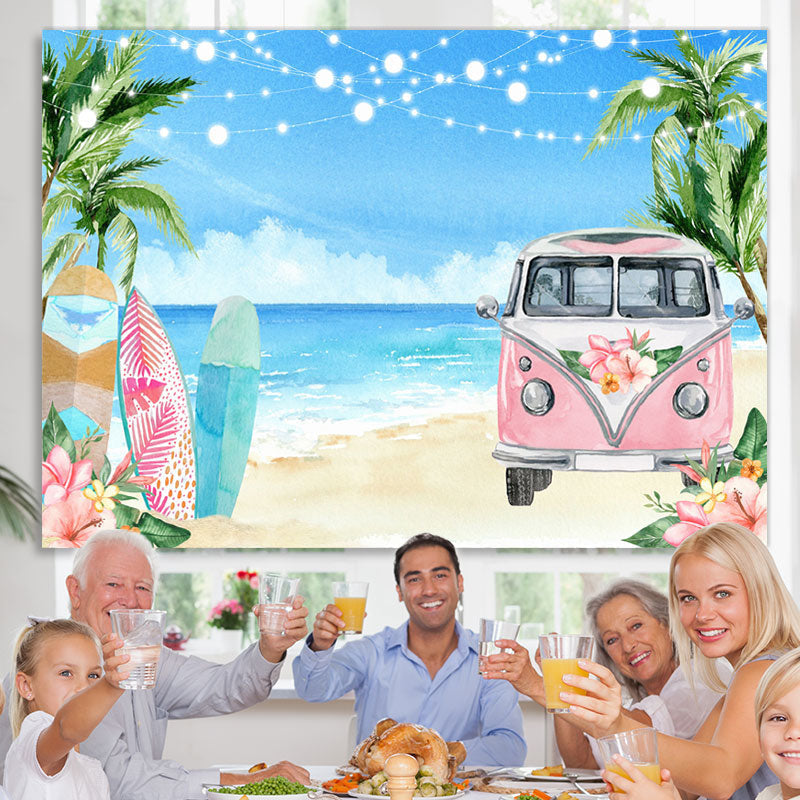 Lofaris Floral Pink Bus Beach Vacation Summer Party Backdrop