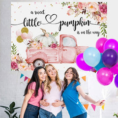 Lofaris Floral pink car with pumpkin baby shower Backdrop
