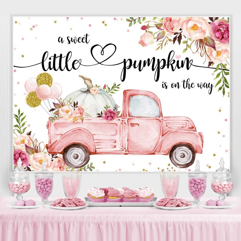 Lofaris Floral pink car with pumpkin baby shower Backdrop