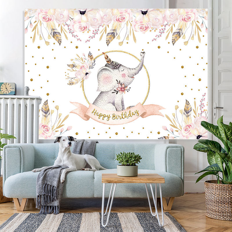 Lofaris Floral Pink Elepant Gold Glitter Backdrop for Birthday