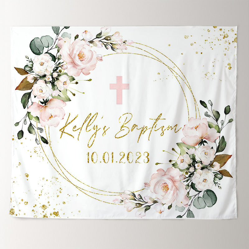 Lofaris Floral Pink Glitter Gold Cross Theme Wedding Backdrop
