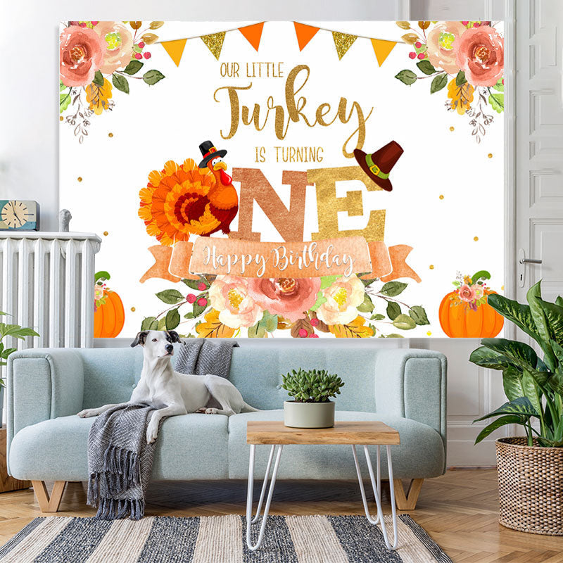 Lofaris Floral Pumpkin Our Little Turkey Is Turning One Happy Birthday Backdrop