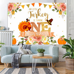 Lofaris Floral Pumpkin Our Little Turkey Is Turning One Happy Birthday Backdrop