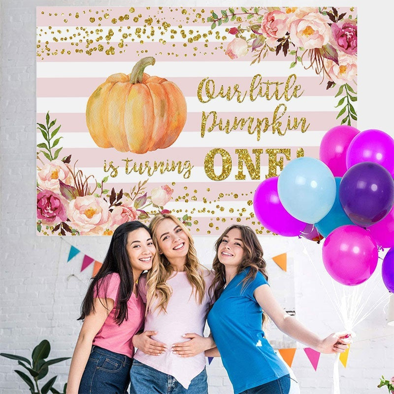 Lofaris Floral Pumpkin Pink Stripe Baby Shower Backdrop for Party