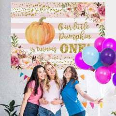 Lofaris Floral Pumpkin Pink Stripe Baby Shower Backdrop for Party