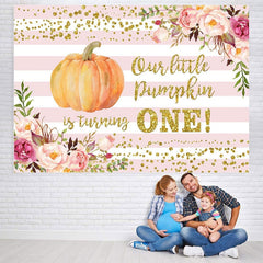 Lofaris Floral Pumpkin Pink Stripe Baby Shower Backdrop for Party