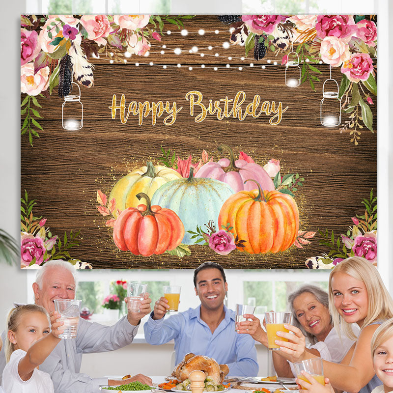 Lofaris Floral Pumpkins Happy Birthday Lights Wood Party Backdrop for Kids