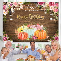 Lofaris Floral Pumpkins Happy Birthday Lights Wood Party Backdrop for Kids