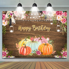 Lofaris Floral Pumpkins Happy Birthday Lights Wood Party Backdrop for Kids