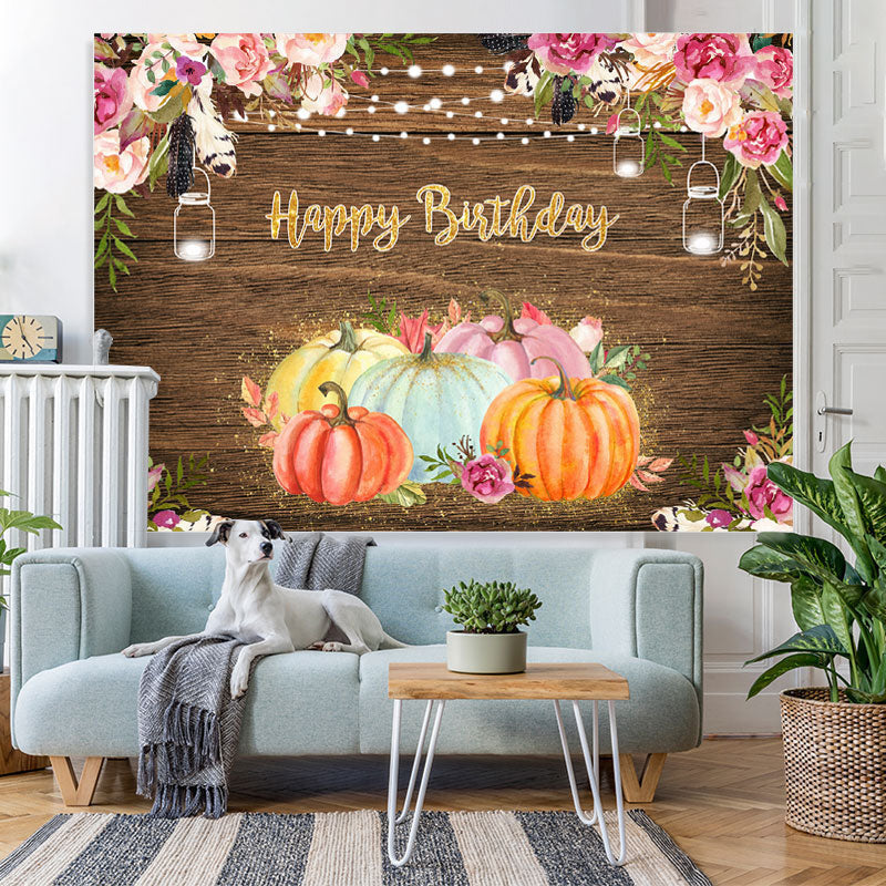 Lofaris Floral Pumpkins Happy Birthday Lights Wood Party Backdrop for Kids