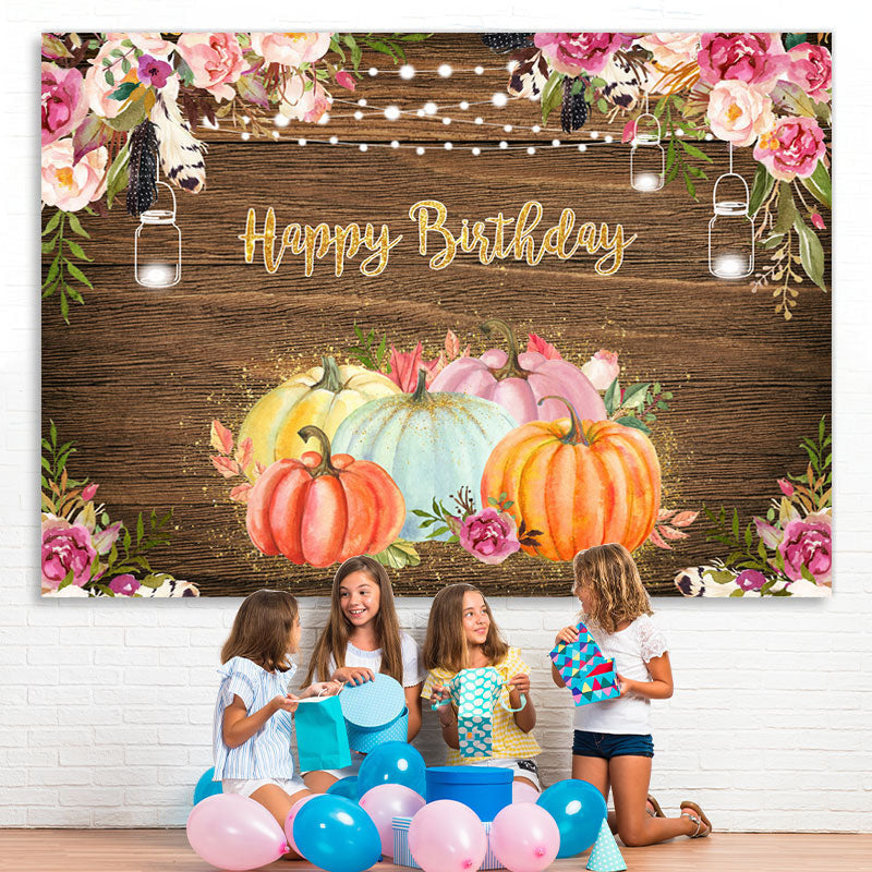 Lofaris Floral Pumpkins Happy Birthday Lights Wood Party Backdrop for Kids