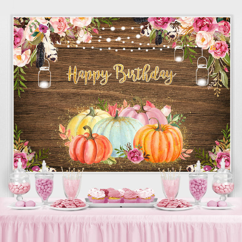 Lofaris Floral Pumpkins Happy Birthday Lights Wood Party Backdrop for Kids