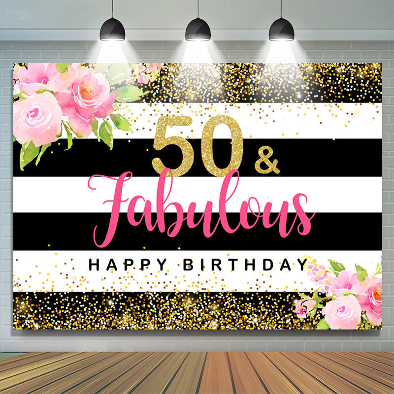 Lofaris Floral Stripes 50 And Fabulous Happy Birthday Backdrop