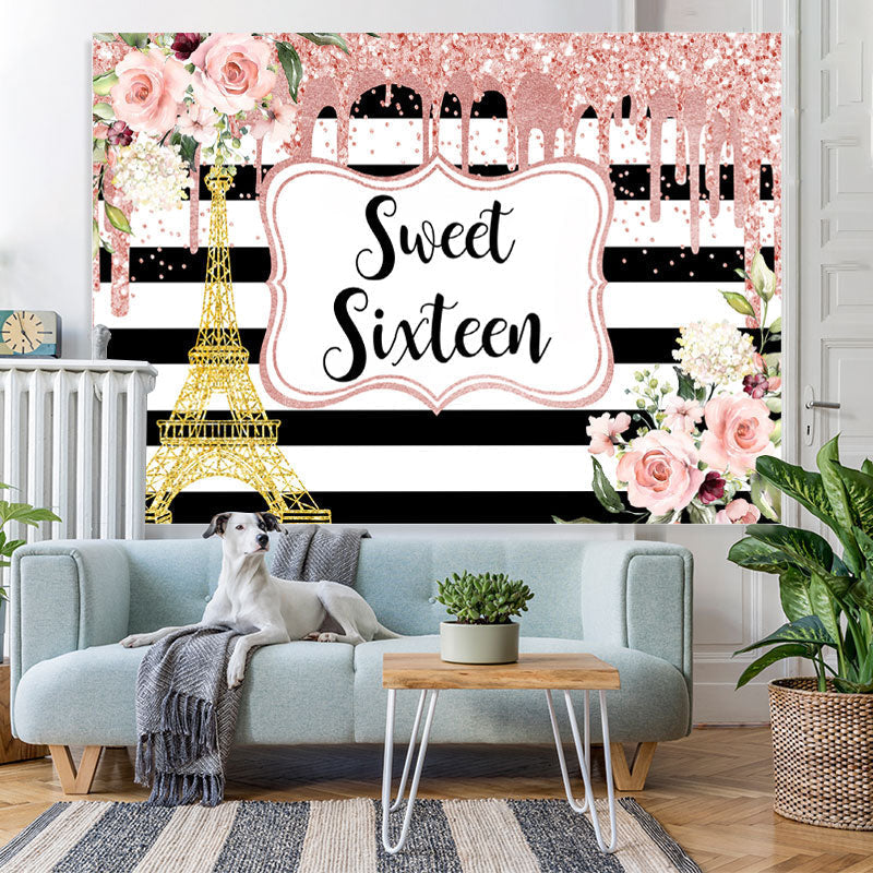 Lofaris Floral Sweet Sixteen Pink Glitter Gold Tower Stripe Backdrop for Girl