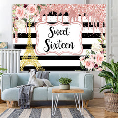 Lofaris Floral Sweet Sixteen Pink Glitter Gold Tower Stripe Backdrop for Girl