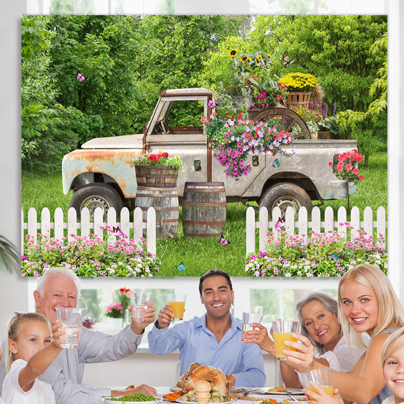 Lofaris Floral Truck In A Green Garden With Butterfly Backdrop