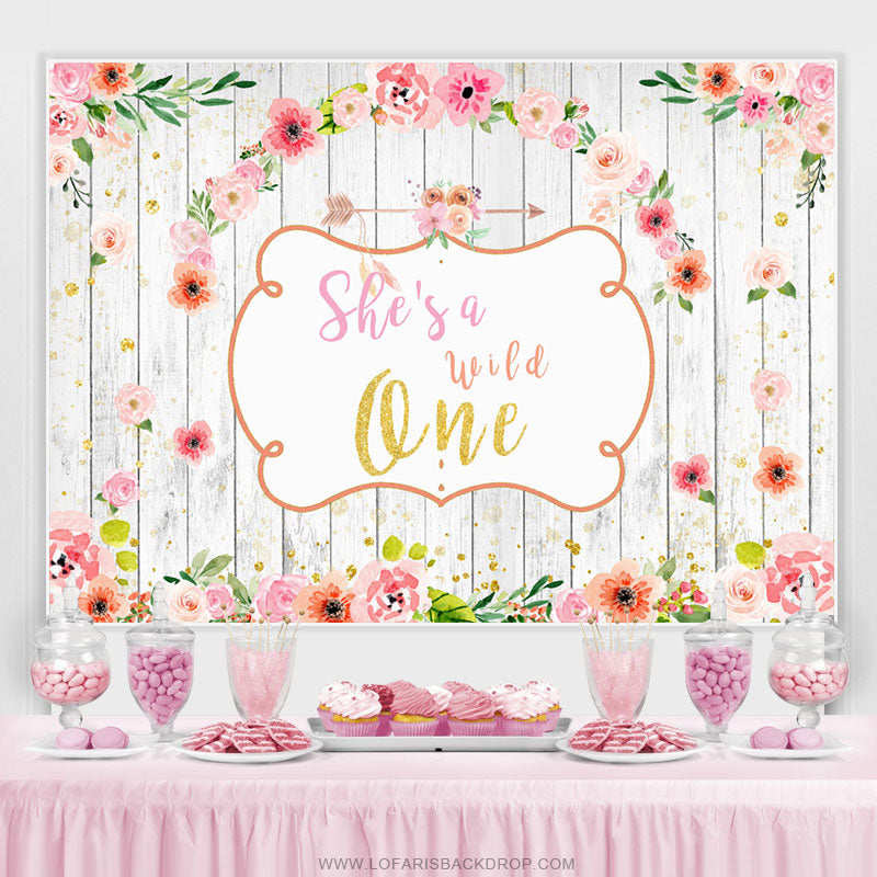 Lofaris Floral Wooden She Is A Wild One Happy Birthday Backdrop