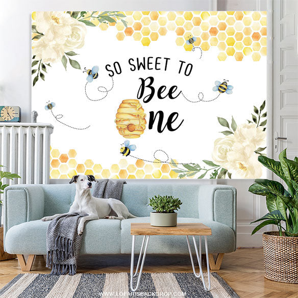 Lofaris Floral Yellow Sweet Bee Happy 1Th Birthday Backdrop