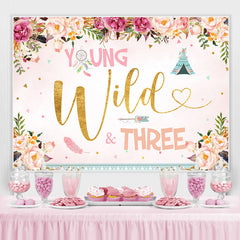 Lofaris Floral Young Wild three Happy 3rd Birthday Backdrop