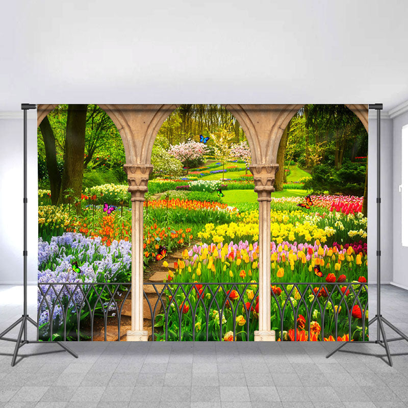 Lofaris Flower And Green Grass Garden Butterfly Spring Backdrop