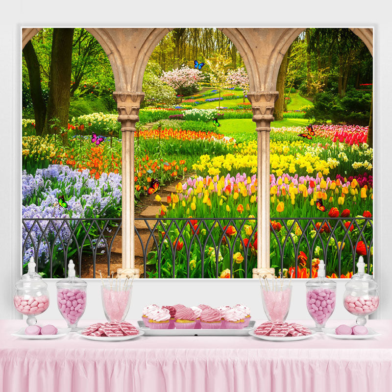 Lofaris Flower And Green Grass Garden Butterfly Spring Backdrop