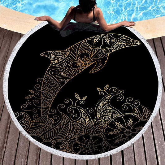 Lofaris Flower Pattern Dolphin Black Circle Beach Blanket