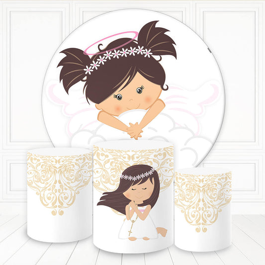 Lofaris Flower Wreath Girl White Theme Round Birthday Backdrop Kit