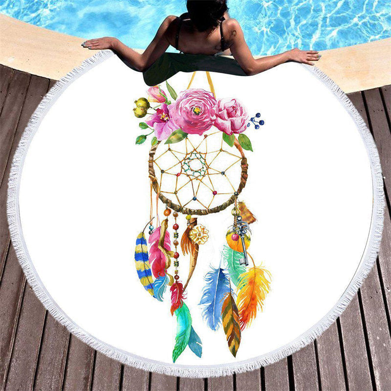 Lofaris Flowers And Feathers Fishing Catcher Round Beach Towel
