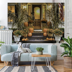 Lofaris Flowers Pumpkin Plant Door Wood Steps Fall Festive Backdrop