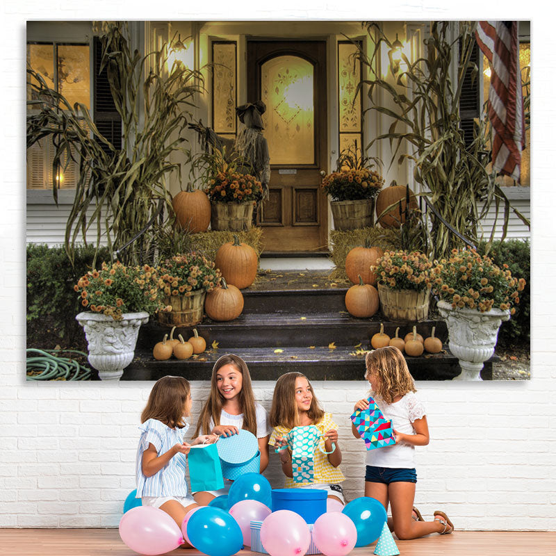Lofaris Flowers Pumpkin Plant Door Wood Steps Fall Festive Backdrop